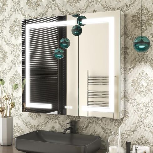 خزانة طبية LED من Benime مقاس 24 × 32 بوصة، خزانة طبية مضاءة مع: تخزين كبير، خزانة طبية سطحية أو غائرة مع أضواء، مزيل ضباب، تعتيم بدون خطوات ودرجات حرارة اللون، 2 منافذ وUSB، 3 أرفف in Kuwait