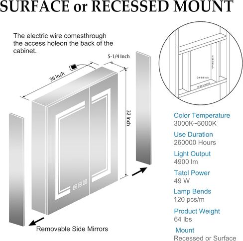 خزانة طبية LED من Benime مقاس 24 × 32 بوصة، خزانة طبية مضاءة مع: تخزين كبير، خزانة طبية سطحية أو غائرة مع أضواء، مزيل ضباب، تعتيم بدون خطوات ودرجات حرارة اللون، 2 منافذ وUSB، 3 أرفف in Kuwait