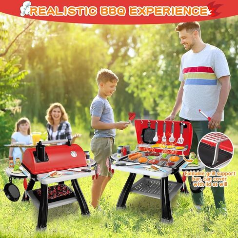 Kids Play Kitchen Toys, Kids BBQ Grill Kitchen Playset with Smoke, Sound & Light, Pretend Play Food Toys Cooking Set, 2-Layer Barbecue Outdoor Play Grill Toy Gift for Toddler Boys Girls 3-5 in Kuwait