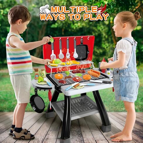 Kids Play Kitchen Toys, Kids BBQ Grill Kitchen Playset with Smoke, Sound & Light, Pretend Play Food Toys Cooking Set, 2-Layer Barbecue Outdoor Play Grill Toy Gift for Toddler Boys Girls 3-5 in Kuwait