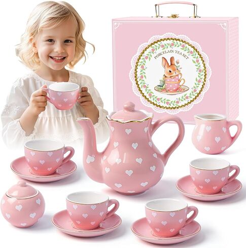 Porcelain Tea Party Set for Little Girls Kids Toddlers, 13Pcs Pink Heart Ceramic Tea Set - Tea Pot Cups & Saucers & Carrying Case,Pretend Play Toys Kitchen Set - Christmas Birthday Gift for Girls in Saudi Arabia
