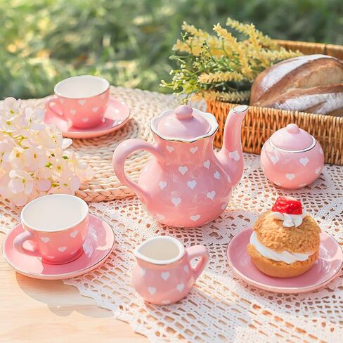 Porcelain Tea Party Set for Little Girls Kids Toddlers, 13Pcs Pink Heart Ceramic Tea Set - Tea Pot Cups & Saucers & Carrying Case,Pretend Play Toys Kitchen Set - Christmas Birthday Gift for Girls in Saudi Arabia