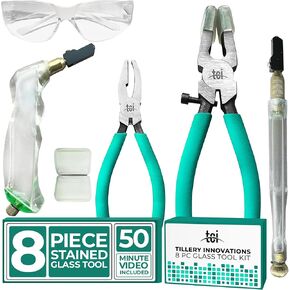 Professional Eleven Piece Mosaic Glass Toolkit: Dual Wheel Carbide Cutter, Tile Nipper, 1" Running Pliers, Pistol Grip Cutter, Precision Tweezers, Safety Glasses and Sponges - Craft Perfection! in Kuwait