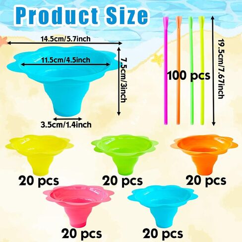 200PCS 8oz Colorful Flower Shaped Snow Cone Cups with Spoon Straws,Plastic Shaved Ice Drip Cups Reusable Plastic Snack Ice Cream Bowls for Kids Party Summer Cookout Food Service in Kuwait