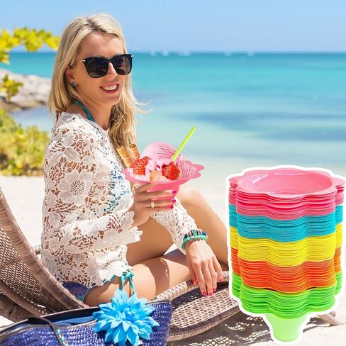 200PCS 8oz Colorful Flower Shaped Snow Cone Cups with Spoon Straws,Plastic Shaved Ice Drip Cups Reusable Plastic Snack Ice Cream Bowls for Kids Party Summer Cookout Food Service in Kuwait