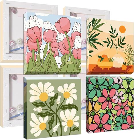 UMOART Framed Paint by Numbers for Kids - 4Packs Flowers Paint by Numbers for Kids Adults, Tulips Paint by Number Kits on Canvas, DIY Cartoon Oil Painting Acrylic Kits for Home Decor 8x8in in Saudi Arabia