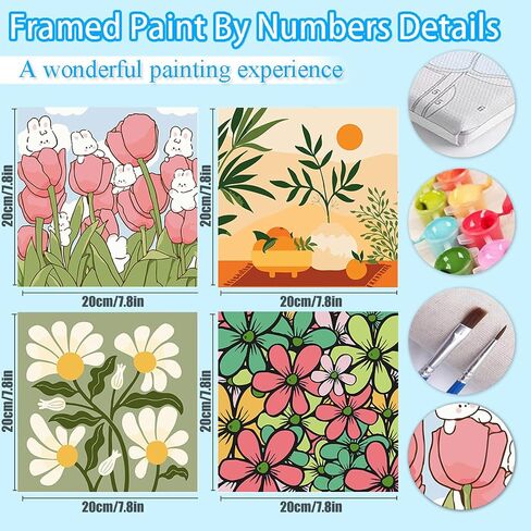 UMOART Framed Paint by Numbers for Kids - 4Packs Flowers Paint by Numbers for Kids Adults, Tulips Paint by Number Kits on Canvas, DIY Cartoon Oil Painting Acrylic Kits for Home Decor 8x8in in Saudi Arabia