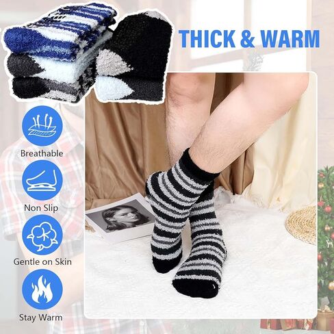 ZAKASA Fuzzy Socks for Men with Grips Winter Warm Thick Mens Slipper Socks Fluffy Cozy Non Slip Grippers Socks 5 Pairs in Kuwait