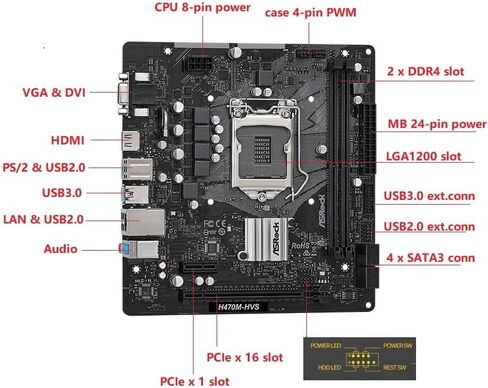 معالجات ASRock H470M-HVS DDR4 2933 ميجا هرتز من الجيل العاشر Intel® Core™ (مقبس 1200) 4 USB 3.2 Gen1 HDMI D-Sub in Kuwait