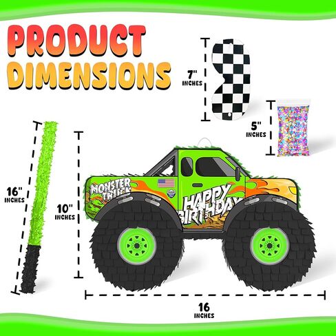 Monster Truck Piñata, 4 Piece Set, perfect for Kids Birthday Parties, Race Car Party Supplies fits piñata candy and party favors (16"X10") durable! (Blue Monster Truck) in Kuwait