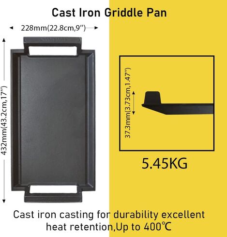 COVERCOOK Griddle Pan, Cast Iron Grill Hot Plate, Rectangular Grill, 2 handles with Flat and Ridged Surface for Induction Electric Cooktop，16.7 x 9.1inch in Saudi Arabia