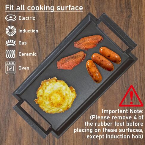 COVERCOOK Griddle Pan, Cast Iron Grill Hot Plate, Rectangular Grill, 2 handles with Flat and Ridged Surface for Induction Electric Cooktop，16.7 x 9.1inch in Saudi Arabia