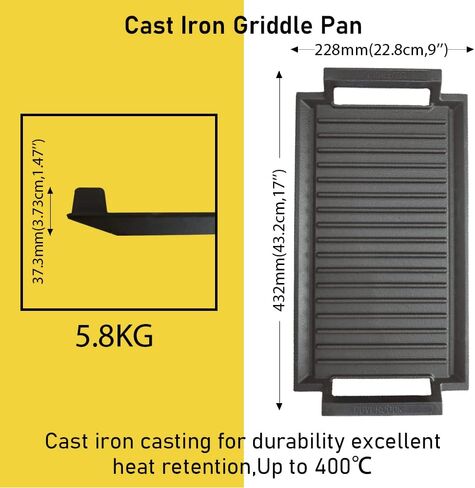 COVERCOOK Griddle Pan, Cast Iron Grill Hot Plate, Rectangular Grill, 2 handles with Flat and Ridged Surface for Induction Electric Cooktop，16.7 x 9.1inch in Saudi Arabia