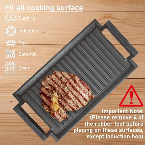 COVERCOOK Griddle Pan, Cast Iron Grill Hot Plate, Rectangular Grill, 2 handles with Flat and Ridged Surface for Induction Electric Cooktop，16.7 x 9.1inch in Saudi Arabia
