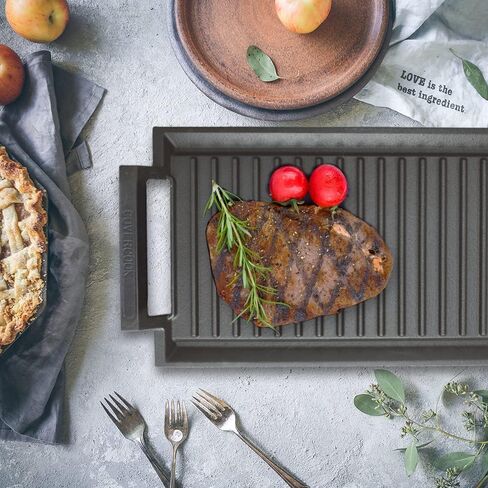 COVERCOOK Griddle Pan, Cast Iron Grill Hot Plate, Rectangular Grill, 2 handles with Flat and Ridged Surface for Induction Electric Cooktop，16.7 x 9.1inch in Saudi Arabia