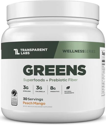 مختبرات شفافة Prebiotic Greens - مسحوق Greens Superfood ومكملات مضادات الأكسدة مع سبيرولينا العضوية، والكلوريرا العضوية، ومسحوق السنط العضوي، ومسحوق الموز الأخضر - 30 وجبة، ومانجو الخوخ in Kuwait