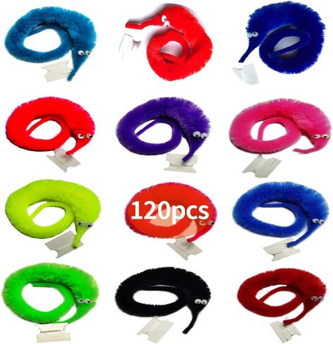 SHENGSEN 240 Pack Fuzzy Worm Toys with Big and Small Sizes Mixed Fuzzy Worms on Strings Trick Toys Carnival Party Favors for Kid Cat (12 Colors) in Kuwait