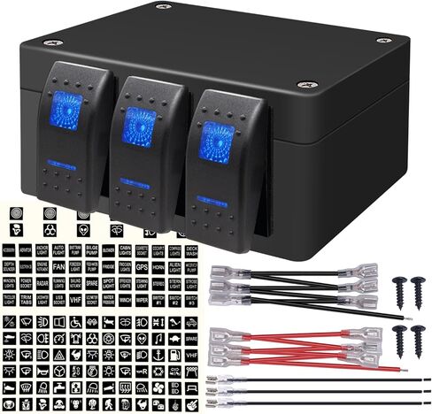 Weideer 12V 3 Gang Rocker Switch Box ON/Off Blue LED Rear Lights Rock Lights LED Light Bar تبديل صندوق لوحة التبديل مع مسامير مسبقة السلكية لقارب السيارة RV K-043-HZ-M077-3 in Kuwait