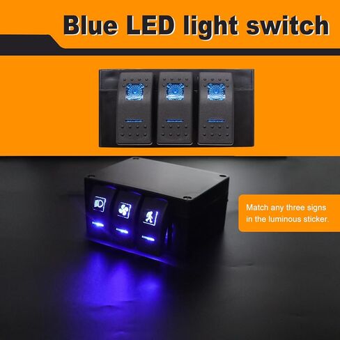 Weideer 12V 3 Gang Rocker Switch Box ON/Off Blue LED Rear Lights Rock Lights LED Light Bar تبديل صندوق لوحة التبديل مع مسامير مسبقة السلكية لقارب السيارة RV K-043-HZ-M077-3 in Kuwait