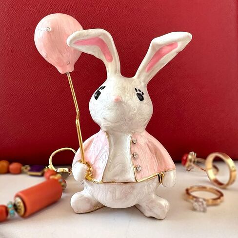 Metal Rabbit with Balloon Hinged Trinket Box Rabbit Animal Figurines Trinket Jewelry Box Wedding Ring Holder Earring Necklace Storage Case (blue) in Saudi Arabia
