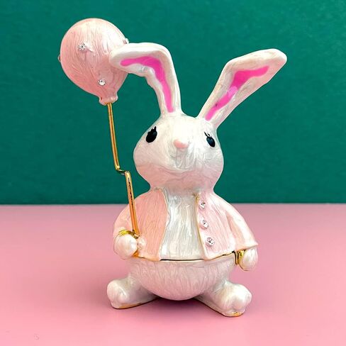 Metal Rabbit with Balloon Hinged Trinket Box Rabbit Animal Figurines Trinket Jewelry Box Wedding Ring Holder Earring Necklace Storage Case (blue) in Saudi Arabia