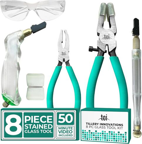 Professional Eleven Piece Mosaic Glass Toolkit: Dual Wheel Carbide Cutter, Tile Nipper, 1" Running Pliers, Pistol Grip Cutter, Precision Tweezers, Safety Glasses and Sponges - Craft Perfection! in Kuwait