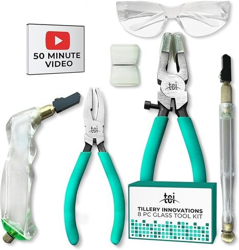 Professional Eleven Piece Mosaic Glass Toolkit: Dual Wheel Carbide Cutter, Tile Nipper, 1" Running Pliers, Pistol Grip Cutter, Precision Tweezers, Safety Glasses and Sponges - Craft Perfection! in Kuwait