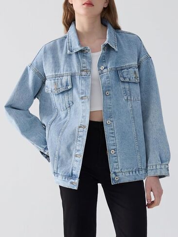 LifeShe Oversized Denim Jacket Women Boyfriend Long Jean Jacket Fall Loose Shacket Trucker Coats in Saudi Arabia