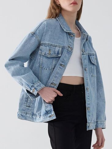 LifeShe Oversized Denim Jacket Women Boyfriend Long Jean Jacket Fall Loose Shacket Trucker Coats in Saudi Arabia