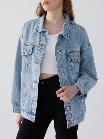 LifeShe Oversized Denim Jacket Women Boyfriend Long Jean Jacket Fall Loose Shacket Trucker Coats in Saudi Arabia