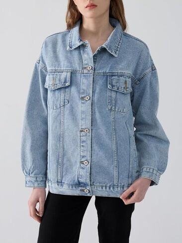 LifeShe Oversized Denim Jacket Women Boyfriend Long Jean Jacket Fall Loose Shacket Trucker Coats in Saudi Arabia