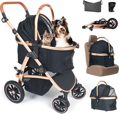 Neatki Multi-Functional 3-in-1 Pet Stroller (Stroller/Carrier/Car Seat) for Cats & Dogs with Brake System, Leash Clips, Locking Zippers, Seatbelt Strap, Cup Holder, Detachable Cushion (Black/Gold) in Saudi Arabia