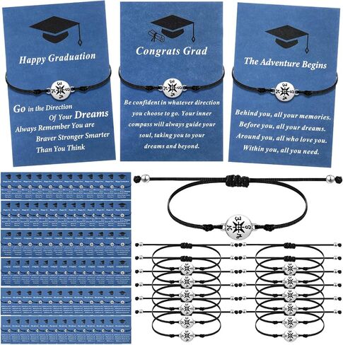 Ferreve 75 Pcs Graduation Bracelet Set 2024 Adjustable Compass Bracelets Graduation Cards Senior College High School Class Cheer Gifts for Classmates School Grad Gifts in Saudi Arabia