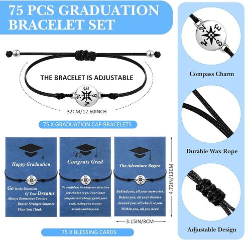 Ferreve 75 Pcs Graduation Bracelet Set 2024 Adjustable Compass Bracelets Graduation Cards Senior College High School Class Cheer Gifts for Classmates School Grad Gifts in Saudi Arabia