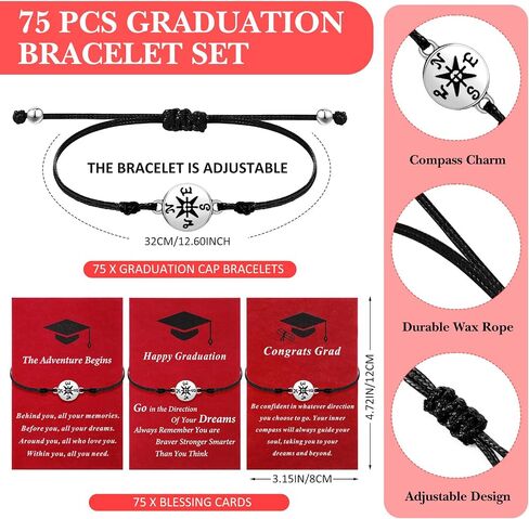 Ferreve 75 Pcs Graduation Bracelet Set 2024 Adjustable Compass Bracelets Graduation Cards Senior College High School Class Cheer Gifts for Classmates School Grad Gifts in Saudi Arabia