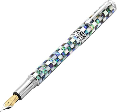 Xezo Maestro Jubilee Fountain Pen, Medium Nib. Oceanic White Mother of Pearl and Paua Abalone. Limited Edition of 223 Pieces. Handmade, Each unique in Saudi Arabia