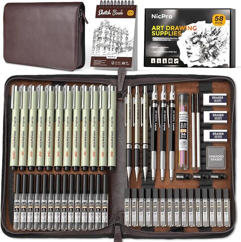 Nicpro 58 PCS Art Drawing Supplies Kit in Leather Case, Art Mechanical Pencil Set with 6 Metal Drafting Pencil 0.5 & 0.7 & 0.9 & 2mm, 12 Micron Pen, Sketch Book, 30 Tube Lead Refills for Sketching in Saudi Arabia