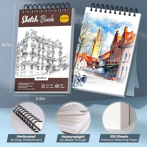 Nicpro 58 PCS Art Drawing Supplies Kit in Leather Case, Art Mechanical Pencil Set with 6 Metal Drafting Pencil 0.5 & 0.7 & 0.9 & 2mm, 12 Micron Pen, Sketch Book, 30 Tube Lead Refills for Sketching in Saudi Arabia