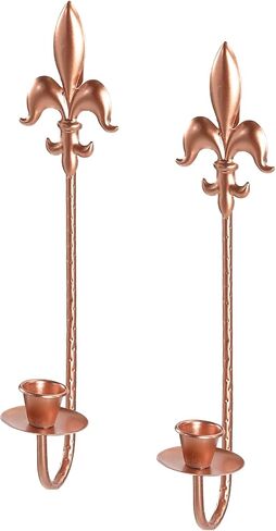 Candle Sconces Wall Decor Set of 2, Fleur De Lis Wrought Iron Candle Holder Wall Decor, Rustic Wall Mounted Candle Holders Hanging for Living Room Farmhouse Fireplace Wedding （Antique Copper） in Kuwait