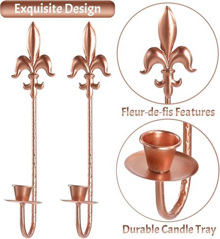 Candle Sconces Wall Decor Set of 2, Fleur De Lis Wrought Iron Candle Holder Wall Decor, Rustic Wall Mounted Candle Holders Hanging for Living Room Farmhouse Fireplace Wedding （Antique Copper） in Kuwait