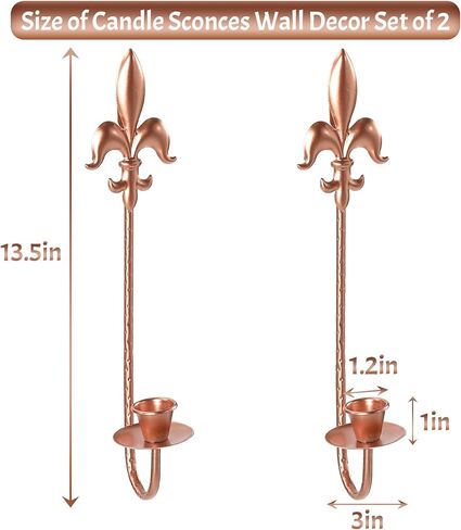 Candle Sconces Wall Decor Set of 2, Fleur De Lis Wrought Iron Candle Holder Wall Decor, Rustic Wall Mounted Candle Holders Hanging for Living Room Farmhouse Fireplace Wedding （Antique Copper） in Kuwait