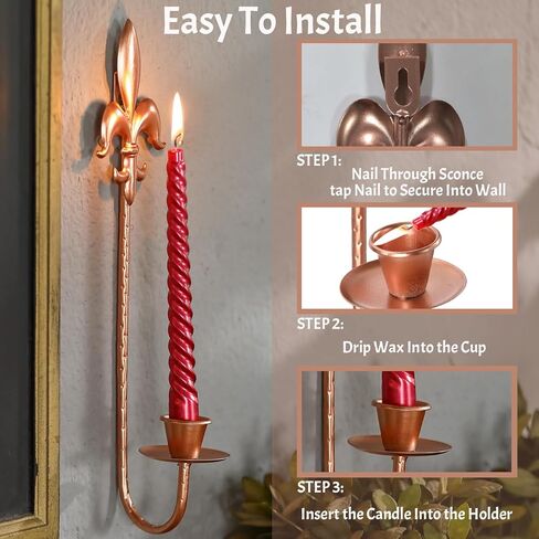 Candle Sconces Wall Decor Set of 2, Fleur De Lis Wrought Iron Candle Holder Wall Decor, Rustic Wall Mounted Candle Holders Hanging for Living Room Farmhouse Fireplace Wedding （Antique Copper） in Kuwait