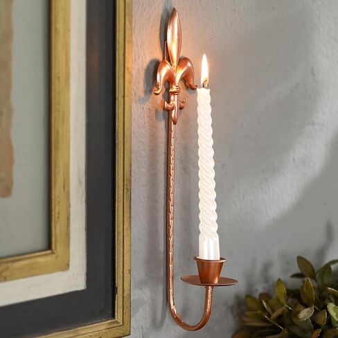 Candle Sconces Wall Decor Set of 2, Fleur De Lis Wrought Iron Candle Holder Wall Decor, Rustic Wall Mounted Candle Holders Hanging for Living Room Farmhouse Fireplace Wedding （Antique Copper） in Kuwait