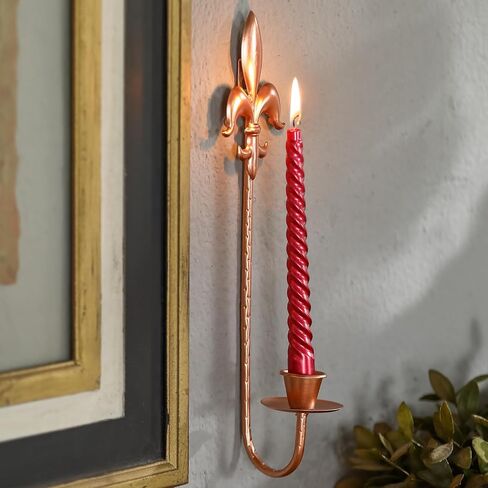 Candle Sconces Wall Decor Set of 2, Fleur De Lis Wrought Iron Candle Holder Wall Decor, Rustic Wall Mounted Candle Holders Hanging for Living Room Farmhouse Fireplace Wedding （Antique Copper） in Kuwait