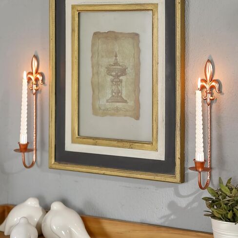 Candle Sconces Wall Decor Set of 2, Fleur De Lis Wrought Iron Candle Holder Wall Decor, Rustic Wall Mounted Candle Holders Hanging for Living Room Farmhouse Fireplace Wedding （Antique Copper） in Kuwait