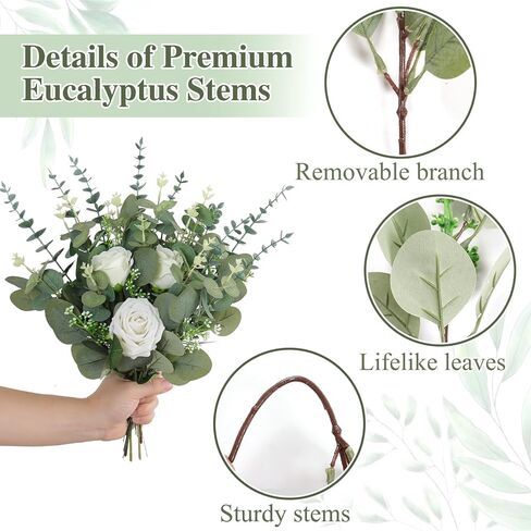 Alynsehom الخضرة الاصطناعية ينبع 90pcs مختلطة 3 أنواع السائبة أوراق الأوكالبتوس الصناعية ينبع بخاخات وهمية الأوكالبتوس البيضاوي مع البذور البيضاء، إكليل الزهور DIY زهرية باقات ديكور المنزل الزفاف in Kuwait
