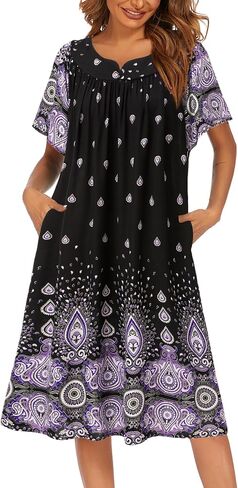 Ekouaer فساتين صالة نسائية Duster Housecoat قصيرة الأكمام صيفية خفيفة الوزن مطبوعة للنساء من القطن Moo Moo House Dress قمصان النوم بيجامة فستان الفناء in Saudi Arabia