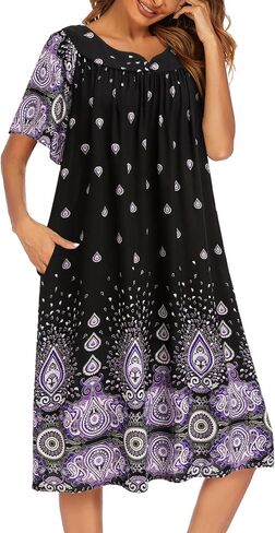 Ekouaer فساتين صالة نسائية Duster Housecoat قصيرة الأكمام صيفية خفيفة الوزن مطبوعة للنساء من القطن Moo Moo House Dress قمصان النوم بيجامة فستان الفناء in Saudi Arabia