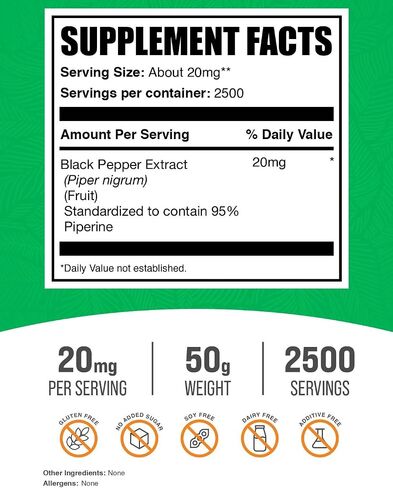 BulkSupplements.com مسحوق مستخلص الفلفل الأسود - 95% بيبيرين - مكملات الفلفل الأسود - مستخلص البيبيرين - مسحوق البيبيرين - 20 ملجم من مستخلص الفلفل الأسود لكل حصة (50 جرام - 1.8 أونصة) in Saudi Arabia
