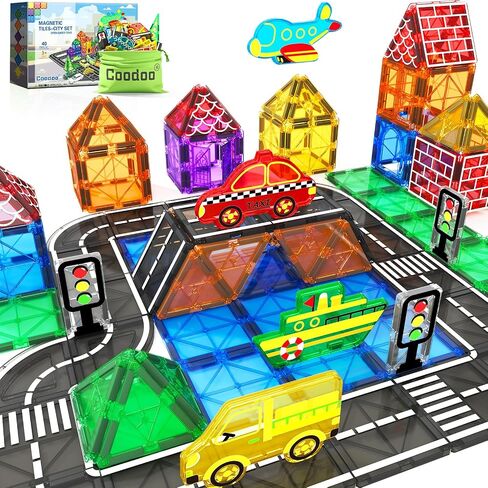 Kids Games Magnetic Tiles with 2 Cranes Construction Toys Set Sensory Toys for Boys Girls Ages 3-6 5-7 8-13, Gifts for 3+ Year Old Boys Girls Toddler Outdoor Kids Toys with Car in Saudi Arabia